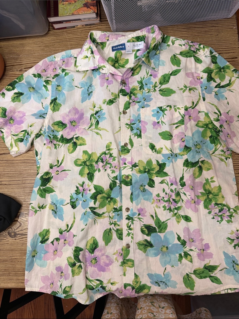 Old Navy Men's Floral Button-Up Shirt - Light Blue, Lavender & Green